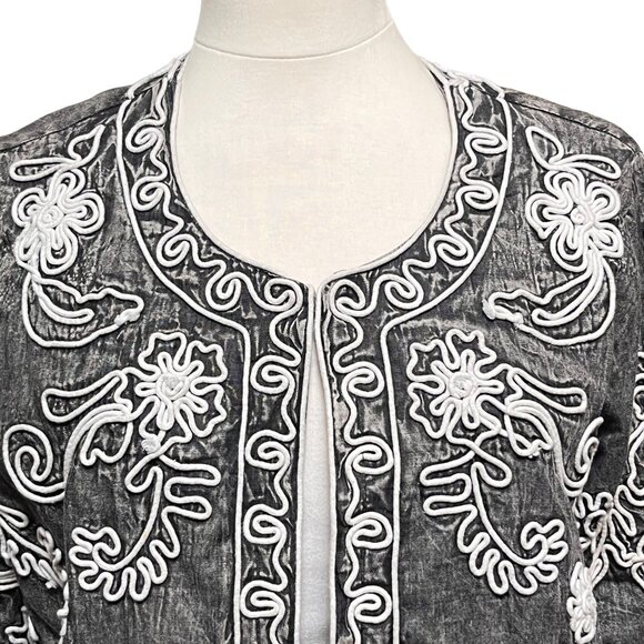 Soft Surroundings Embroidered Open Front Jacket Black Art Artsy Gray‎ White Sz L - Picture 3 of 8